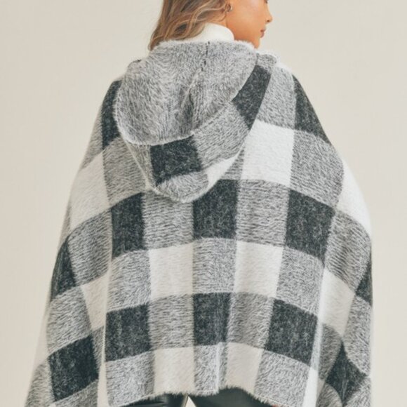 Plaid Hooded Poncho Cape Black White Gray Cozy Fall Winter Layer - Picture 8 of 8